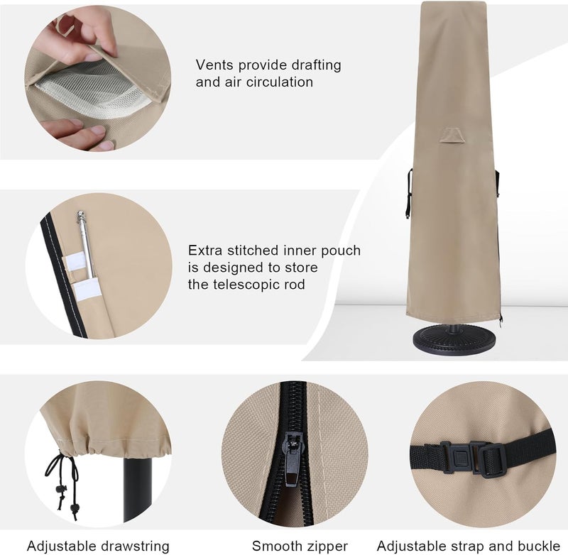 COOSHADE 600D Patio Umbrella Parasol Cover Waterproof Outdoor Anti-UV Protective Cover with Zipper Fits Market Umbrella Up to 14 Feet,Khaki - Image 2